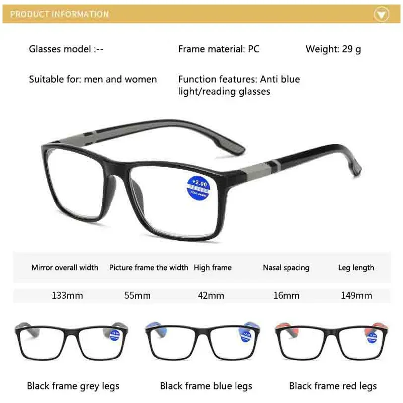 Presbyopic Glasses For Women Comfortable Anti Blue Light Glasses Square Frame Men Reading Glasses Vision Protection +1.5 ... 4.0