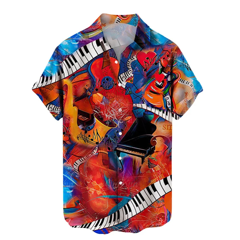 Music Guitar Pattern Hawaiian Shirts For Men Musical Instrument 3D Printed Blouse Summer Loose Aloha Shirts Beach Short Sleeves