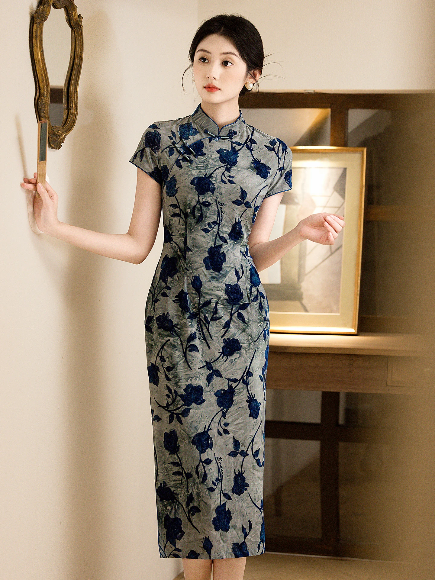 

Blue Vintage anghai Sle Flag Robe Reformed Elastic Floing High-End Ele Mommy Clothes New 2026 Red House Brand