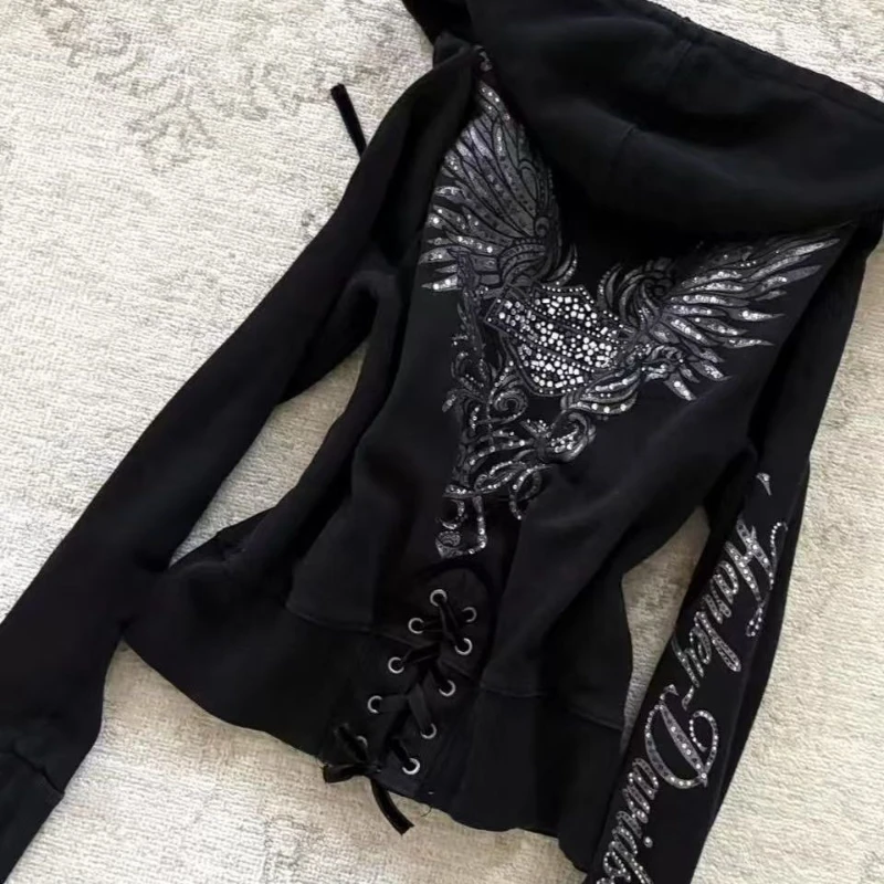 الخريف الشتاء الأمريكية خمر طباعة مقنعين البلوز المرأة Y2K القوطية الساخن فتاة سترة الشارع الشهير ثقافة فرعية الرجعية القمم جديد