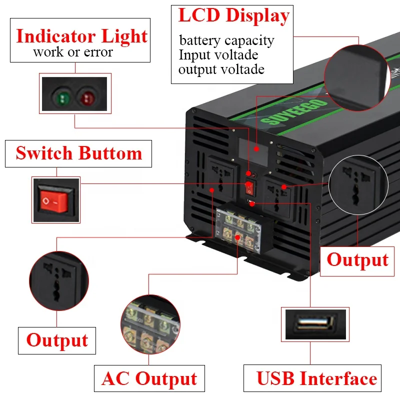 12/24 2000w Continues Power Peak Power 4000w Dc To Ac Car Converter Home Pure Sine Wave Power Inverter