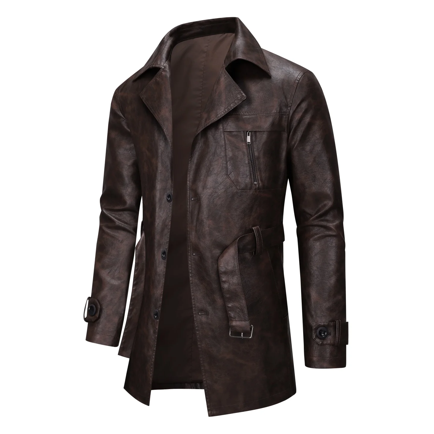 Men's Black Leather Long Trench Coat Leather Jacket Men Autumn Men Fleece Motorcycle Faux Leather Jacket