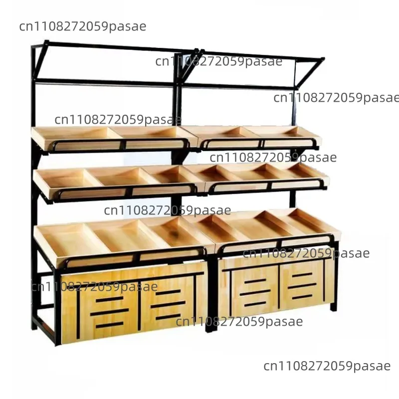 Multifunctional supermarket fruit and vegetable display rack, store steel and wood stacking rack