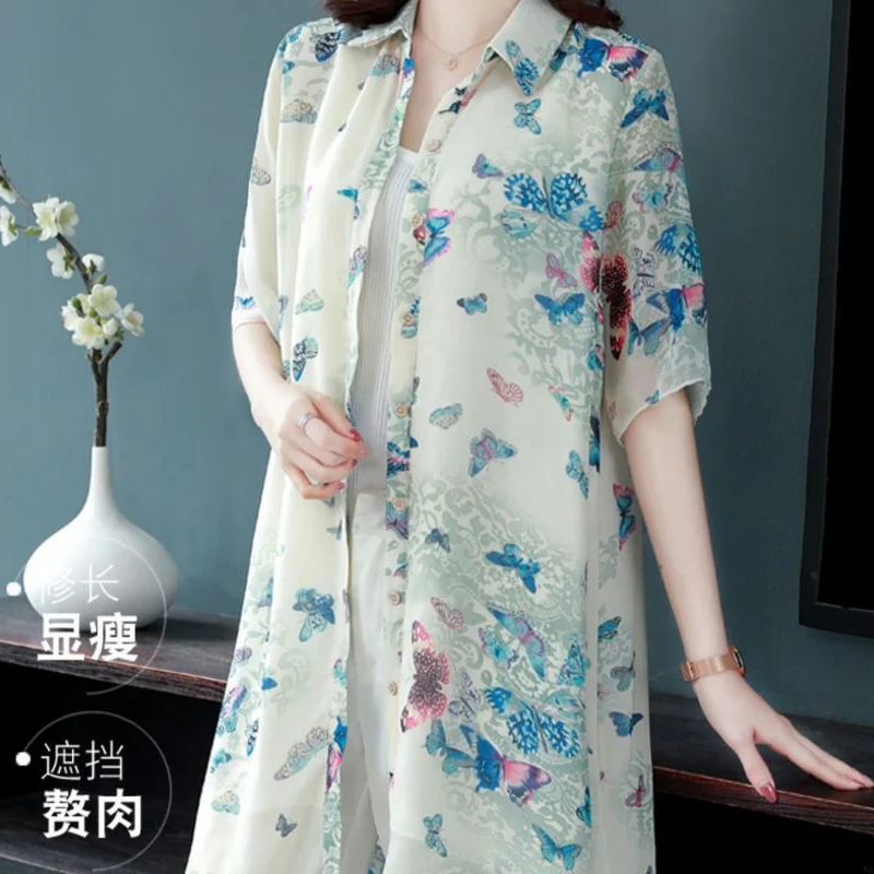 Summer New POLO Collar Fashion Short Sleeve Shirt Women High Street Casual Loose Button Cardigan Printing Mid-length Chic Tops