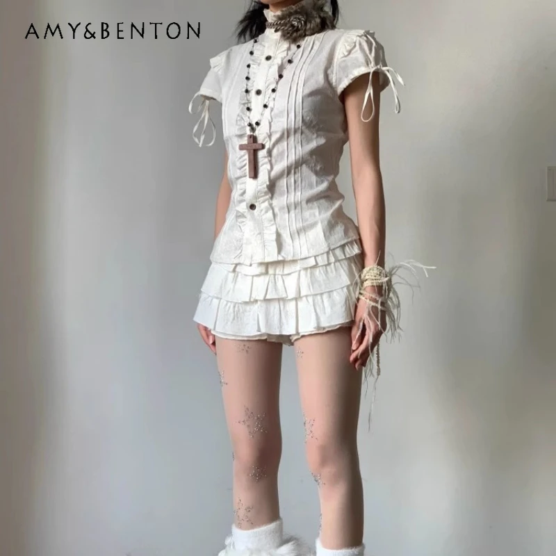 

American Retro Lace-up Women's Short-sleeved Shirt Original 2025 Summer New Punk Style Hot Girls Cake Tutu Skirt Suit Ladies
