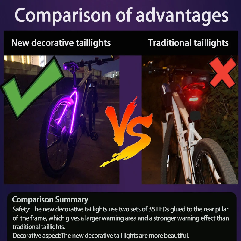 70 LED Bicycle Decorative Taillight Waterproof Bike Light Cycling Lights Strip Safety Warning Flashing Light Bike Accessories