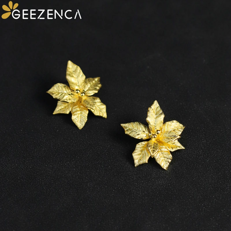 GEEZENCA 925 Sterling Silver Artistic Poinsettia Flower Earrings For Women Unique Designer Chic Stud Earring 2024 New Party Gift