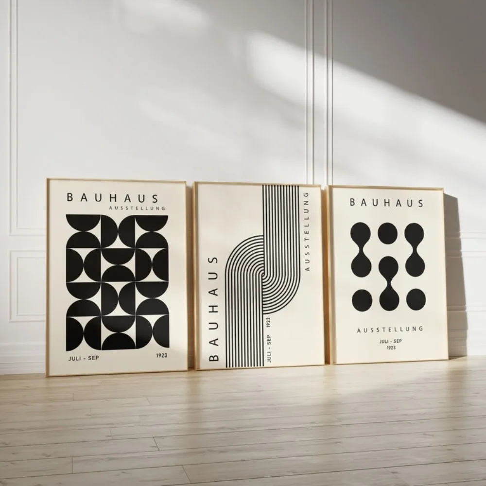 3pcs Frameless Black Bauhaus Wall,Geometric Print Collection,Abstract Geometric Art,Digital Art Download,Living Room Decoration