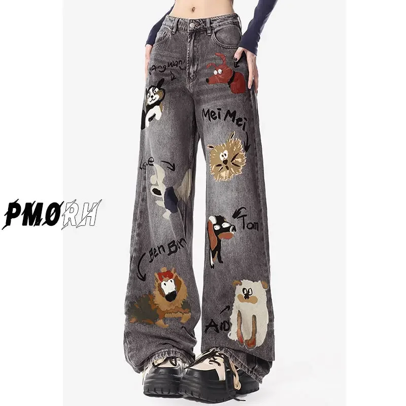 MiiiiX American High Street Graffiti Jeans Women's 2024 Autumn Cartoon Letters Loose Casual Wide Leg High Waisted Trousers