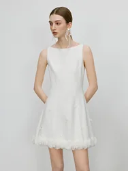 FSLE【Premium Series】Women Boat Neck White Acetate Dress Petal Design Female Dinner Meeting Black Temperament Dress 25FE12004