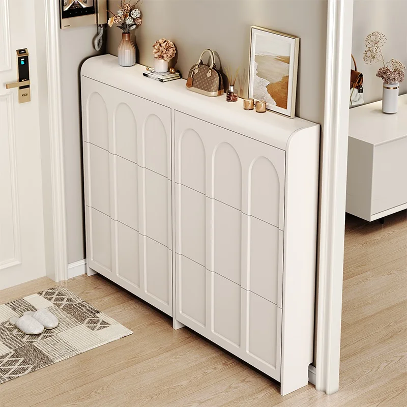 

Cream wind ultra-thin tipping bucket shoe cabinet household door 2025 new popular home storage cabinet integrated against the wa