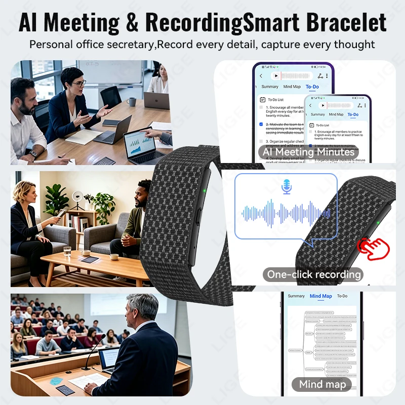 1GB Memory Smart Bracelet 79 Languages AI Recording Noise Reduction Heart Rate Monitor 160+ Modes IP67 Waterproof Sports Band