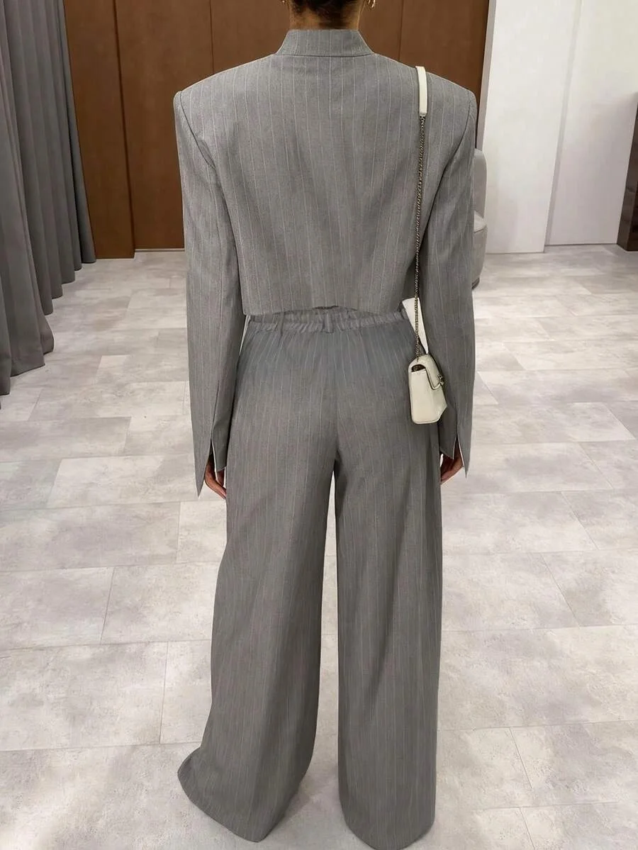 Fall 2025 Grey Stripe Women's Suit Set Casual Wide Leg Pants Two-Piece High-End Feelings Elegant Style New Arrival