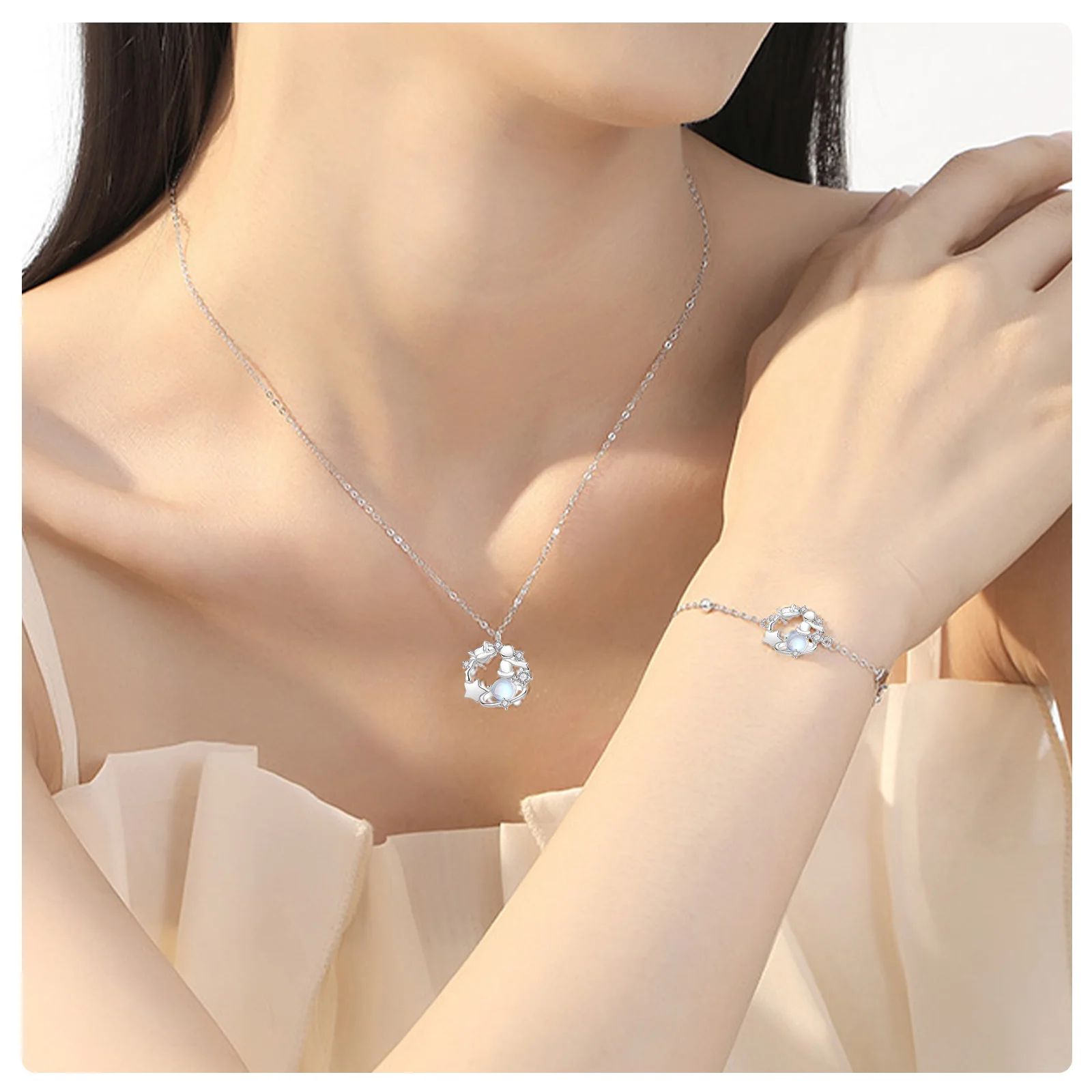 Silver Prince Jewelry Set, Necklace And Bracelet With Moonstone & Zircon, Women Planet Starry Style Jewelry Gift