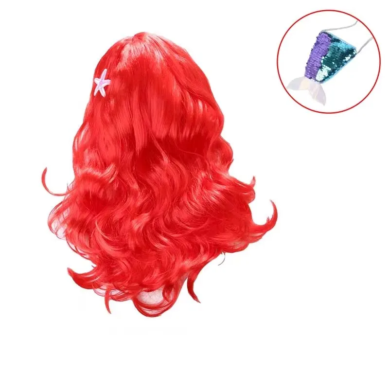 Perruque sirène pour filles, cheveux synthétiques longs ondulés rouges avec pinces à cheveux étoile de mer, accessoires de Cosplay de carnaval d'halloween