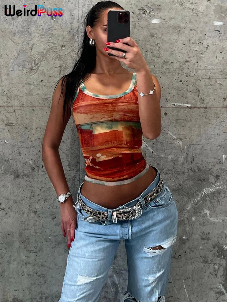 Weird Puss Gradient Print Tank Tops Women 2024 Summer Hipster Skinny Basic O-Neck Wild Streetwear Casual Vintage Fashion Vest