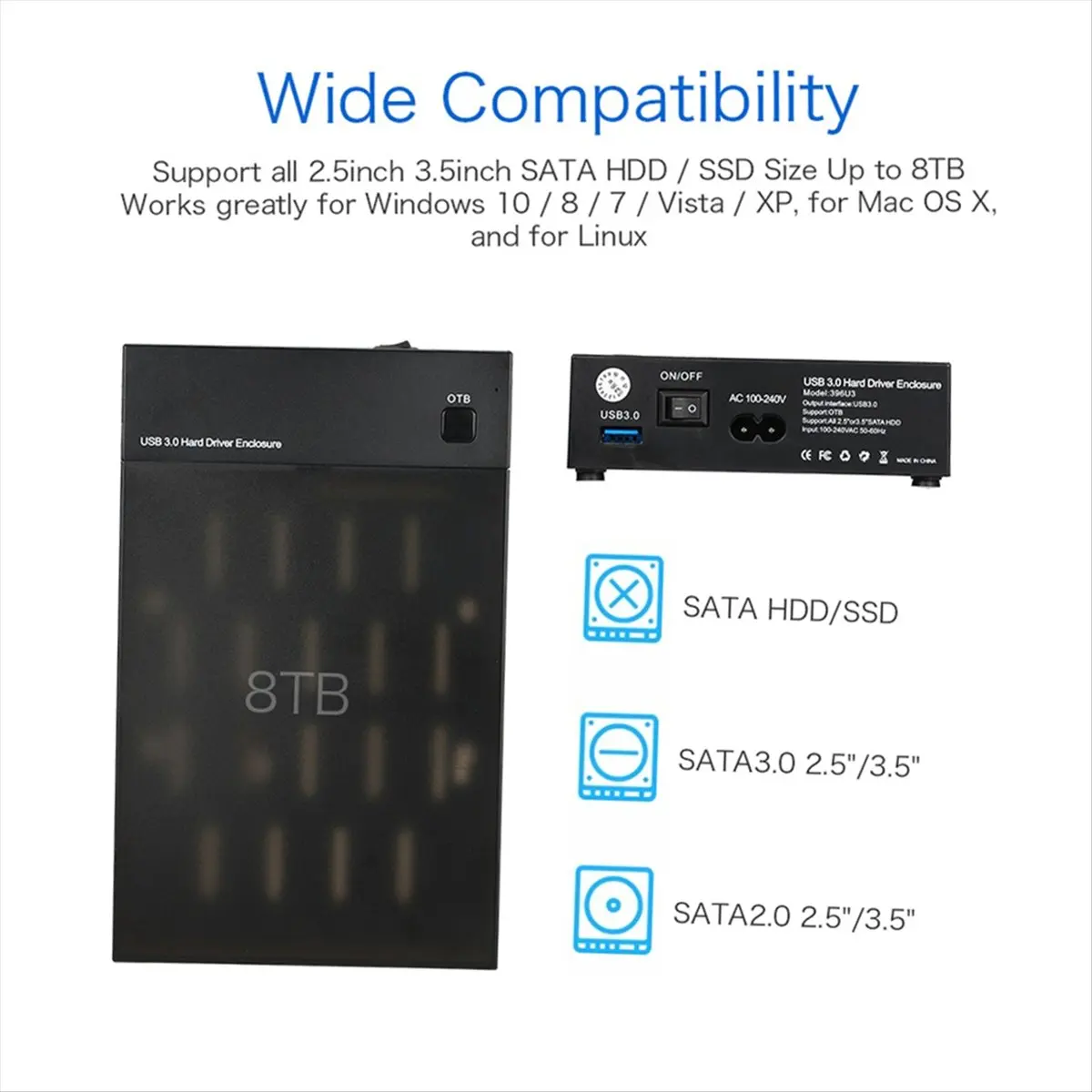 Hot Sale USB 3.0 2.5Inch 3.5Inch SATA HDD Enclosure Portable SSD HDD Case Support UASP One Touch Backup UK Plug