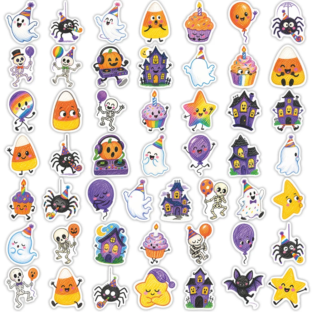 50Pcs Crayon Style Halloween Stickers Party Ghost Pumpkin Candy DIY Scrapbook Water Bottle Decoration