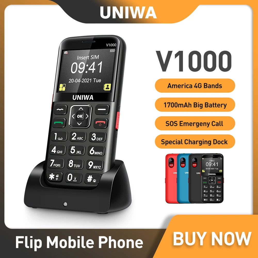 UNIWA V1000 English Keyboard Senior Feature Phone 4G Strong Torch Big Push-Button Cellphone Big SOS Support Speed Dial