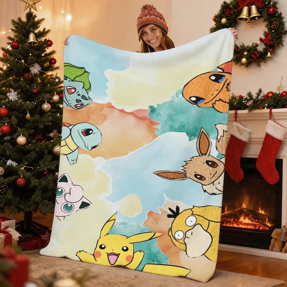 Pokemon Pikachu Gengar Bulbasaur Charmander Squirtle Psyduck Flannel Throw Blanket Soft Warm Blanket for Sofa Bed Home Decor Gif