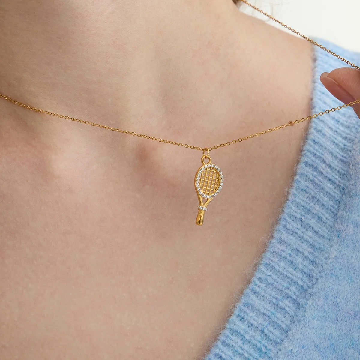 Sports Leisure Zircon Tennis Racket Pendant Necklace 18k Gold Plated Stainless Steel Gold Color Clavicle Chain Women's Jewelry