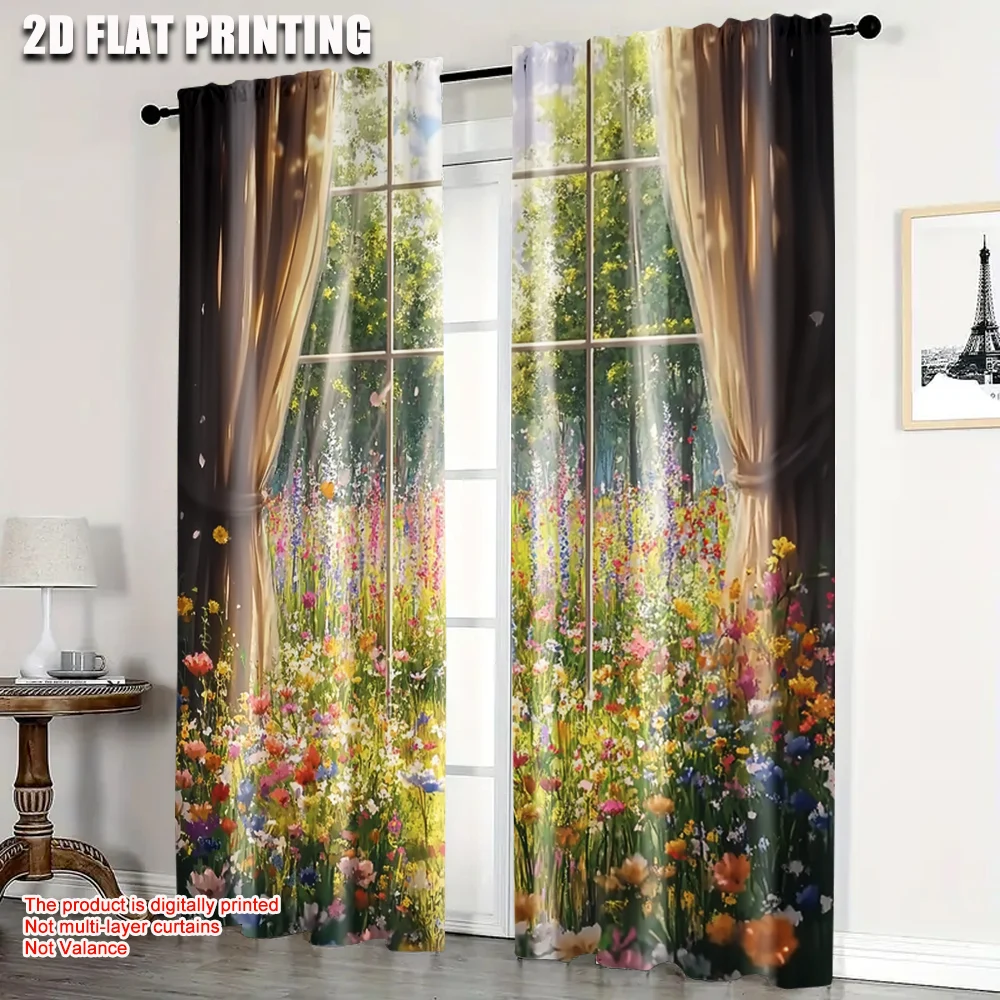 

2pc, Scene Curtain Flower Field Durable 100% Polyester Fabric,Without Electricity Party Decorations for Holiday Family Party