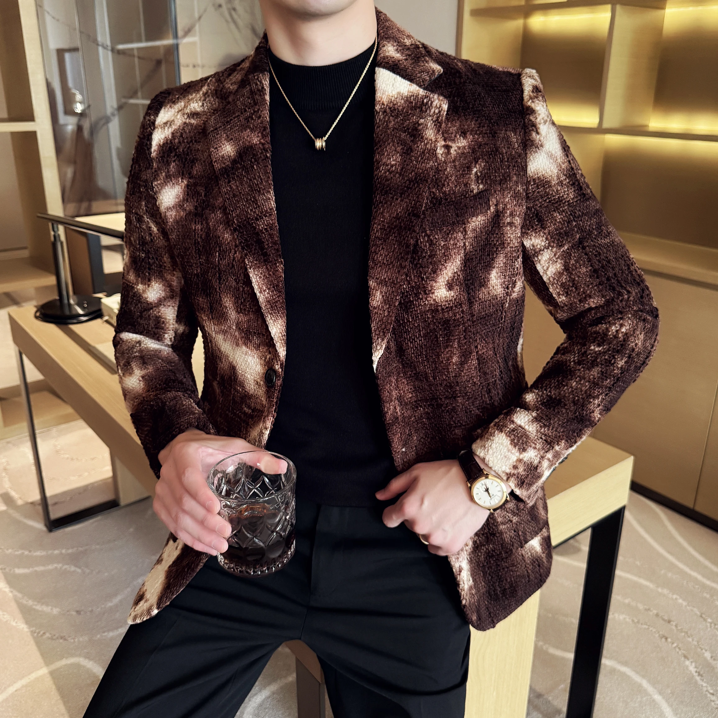 Hoge Kwaliteit Tie Dye Chenille Mannen Mode Casual Jasje Herfst Winter Nieuwe Koreaanse Slim Fit Sociale Trouwpak Blazer