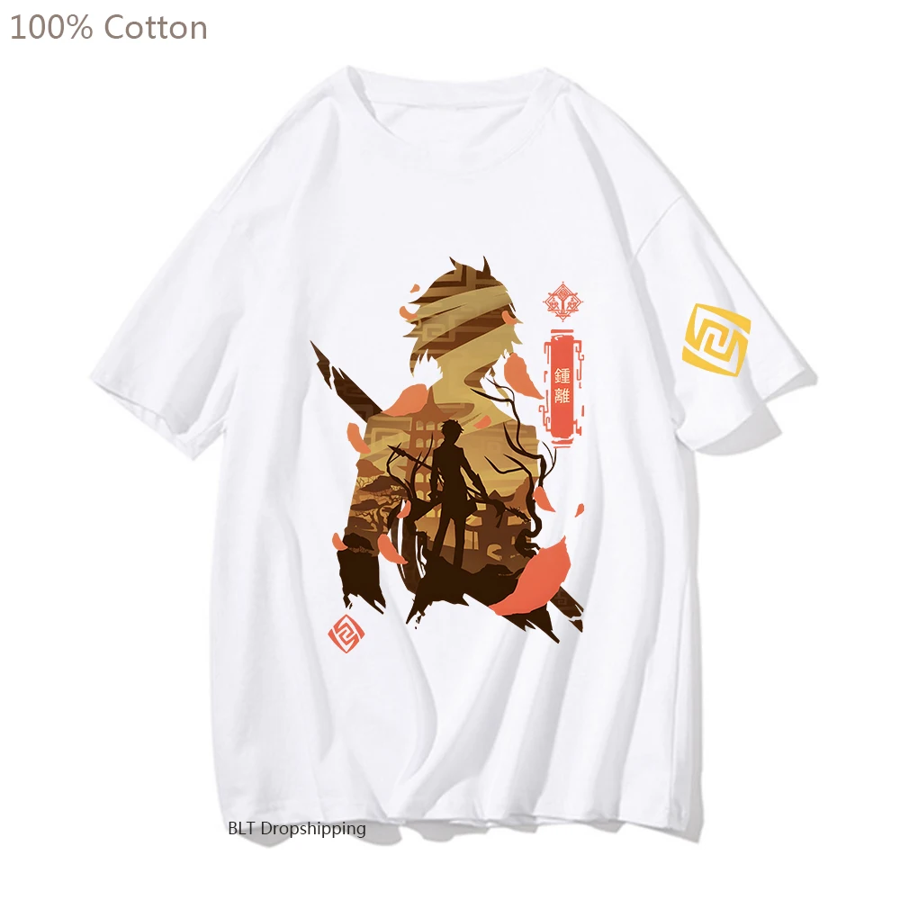 Genshin Impact T-shirt Zhong Li Tops Oversized T Shirts for Men/Women Hot Game Cartoon Streetwear Tshirt 100% Cotton Summer Tees