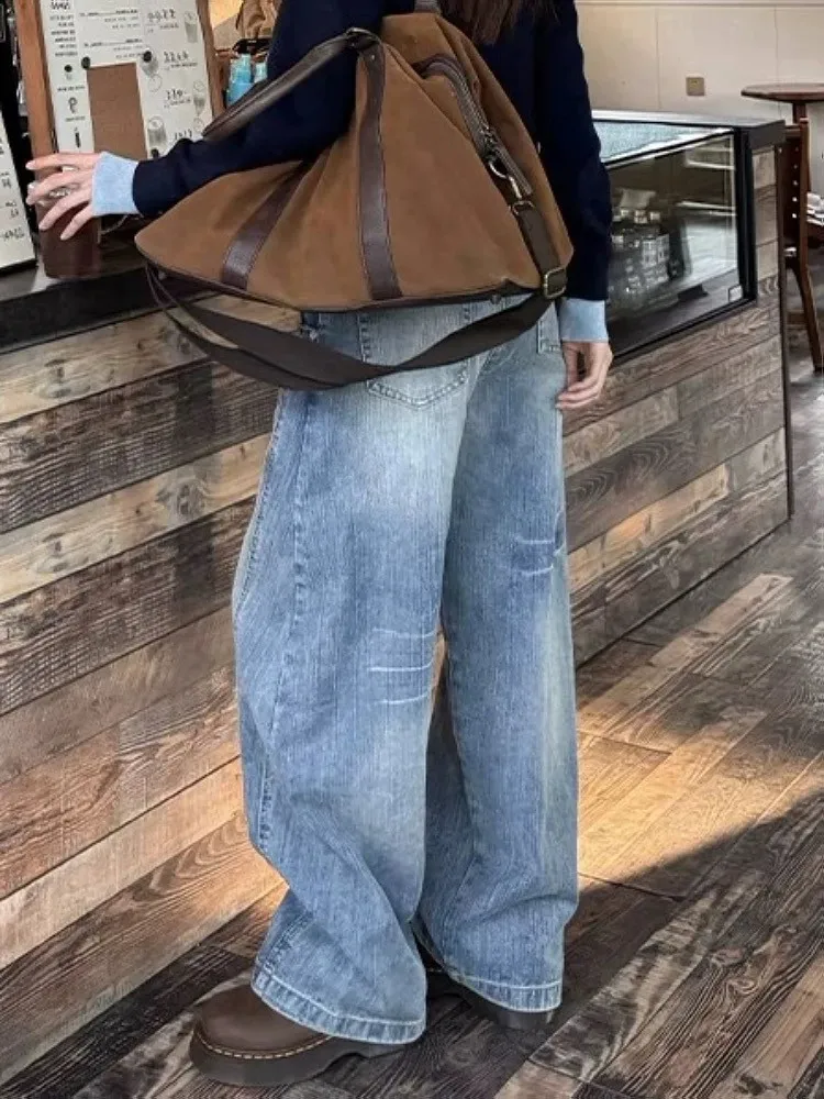 Women's Wide Legs Blue Jeans Casual Trousers Splashed Ink Autumn New Unisex Streetwear Straight Female Y2k Baggy Denim Pants