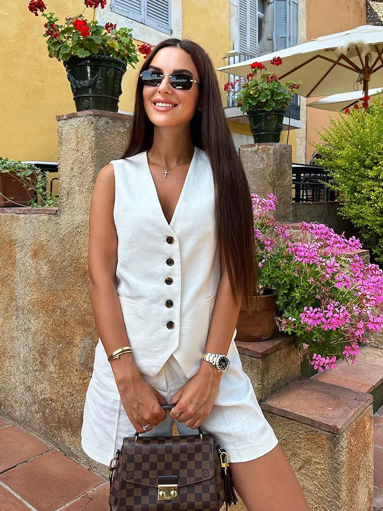 HH-Conjuntos Vintage de moda para mujer, 2 piezas, chaleco de lino liso con cuello de pico, chaleco holgado de una sola botonadura, Top corto informal elegante Y2k