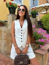 HH Fashion Vintage Sets For Women 2 Pieces Solid Linen V Neck Waistcoat Single Breasted Loose Vest Top Chic Casual Short Y2k