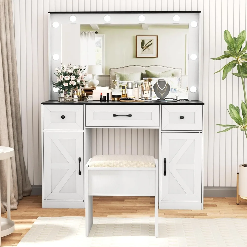 Vanity Desk with Large Mirror and 10 LED Lights, Power Outlet & 5 Drawers,3 Lighting Color Adjustable, Dressing Table