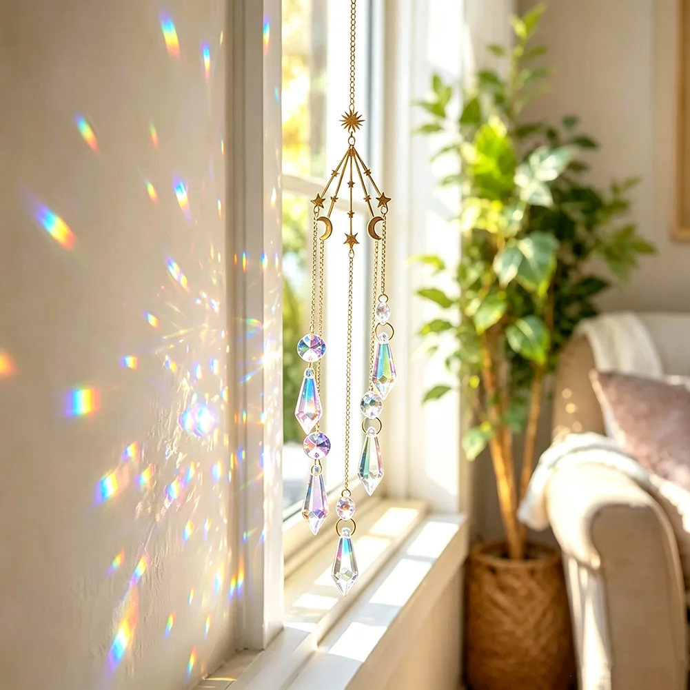 Boho Mond-Stern AB Kristall-Sonnenfänger Prisma Hängendes Ornament Regenbogen-Lichtfänger Fenster Wand Heim Hochzeit Zimmer Deko Geschenk – Detail 2