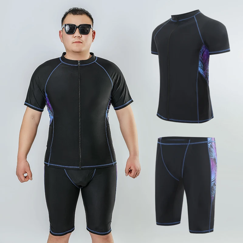 Men's Two Pieces Swimsuits Short Sleeve Plus Size Rash Guard Shirt with Shorts Set Long Leg for Surfing Zip Front Quick-Drying