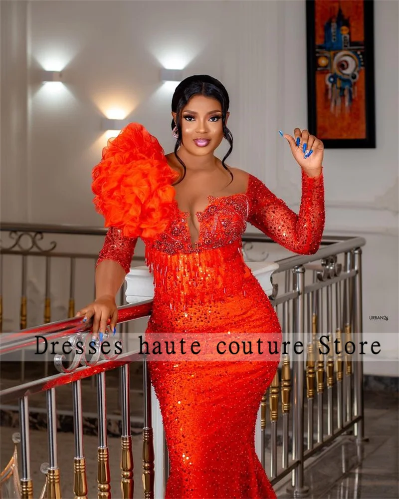 Aso Sbi Hot Orange African Lace Beaded Mermaid Evening Dresses Ruffles Long Sleeves Crystals Luxury Formal Party Dresses 2024