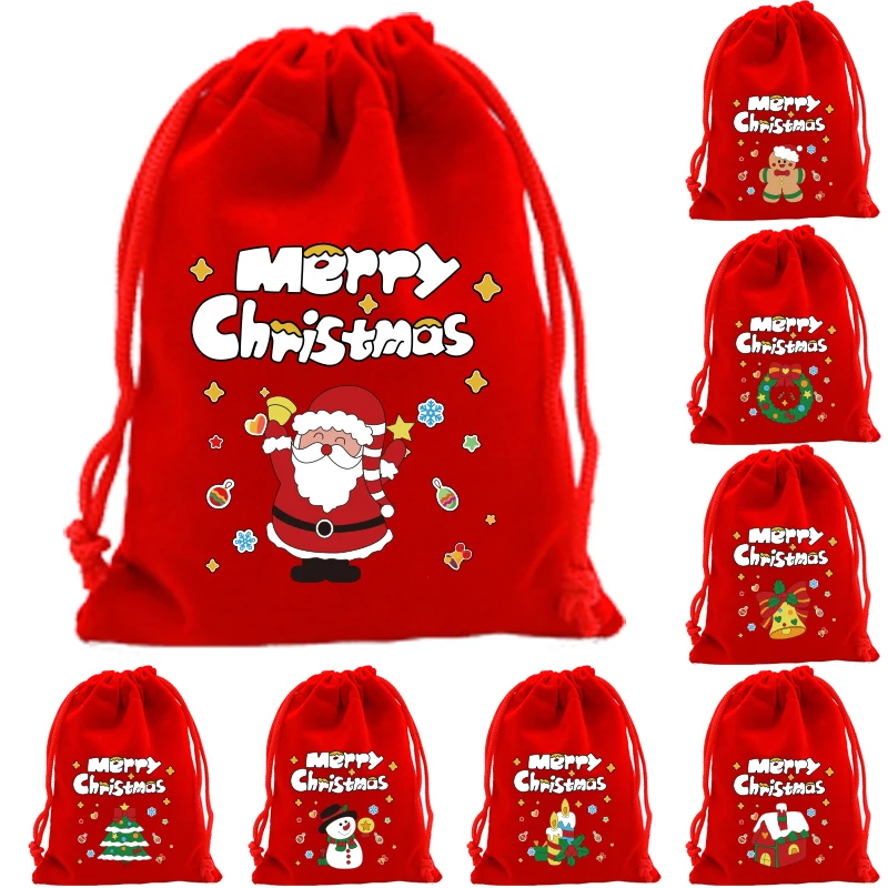 6Pcs/Lot Xmas Patterns Velvet Bags 9x12 15x20cm Small Christmas Candy Gift Bag Drawstring Pouch Boutique Jewelry Packaging Bags