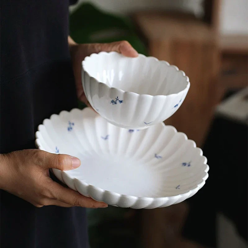 Pretty French Light Luxury Style High Temperature Firing Ceramics Bowl And Dish Set Salad Plate Simple Pattern Kitchen Tableware