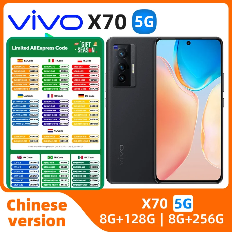 Vivo X70 5G Smart Phone Dimensity 1200 6nm Chip 4400mAh 6.56'' AMOLED Screen 44W Super Charge NFC 32MP Origin OS używany telefon