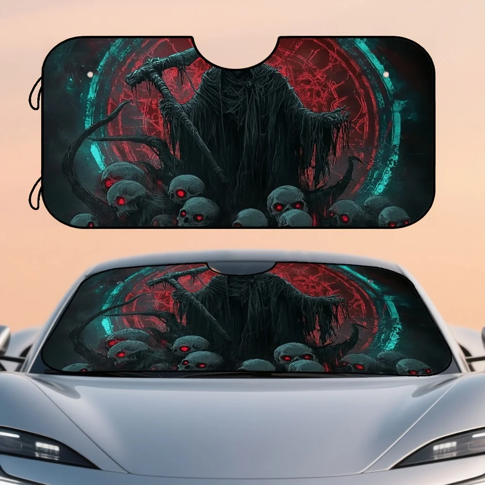 1pc Grim Reaper Snake Skulls Sun Shade For Car Windshield - Foldable, Compact & Convenient Sun Protection, Durable Polyester, Fi