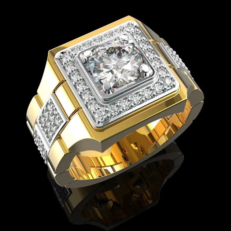 S925 sterling silver ring new simulation mozzarella diamond watch men's ring gold-plated two-color engagement ring
