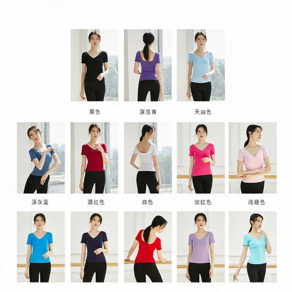 Women V Neck Short Sleeve Dance Top Cotton Leotard Adult Ballet Wear Professional Gym Training Fitness Performance Suit