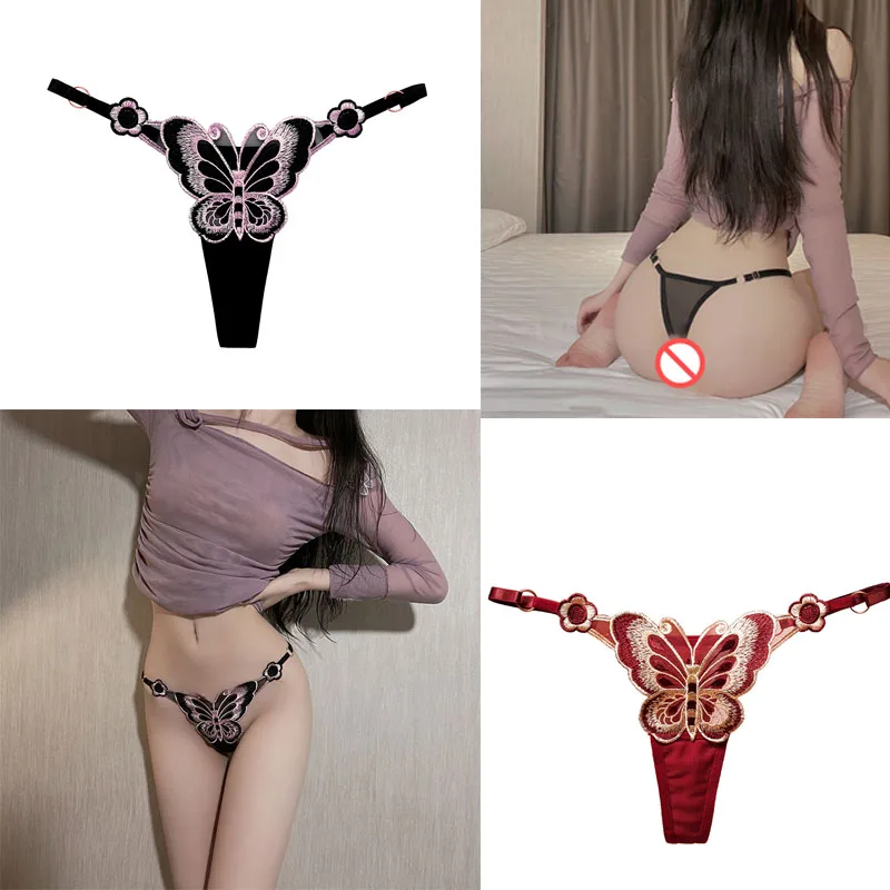 Bragas de mariposa con perlas para mujer, ropa interior de encaje transparente, Tanga Sexy, lencería