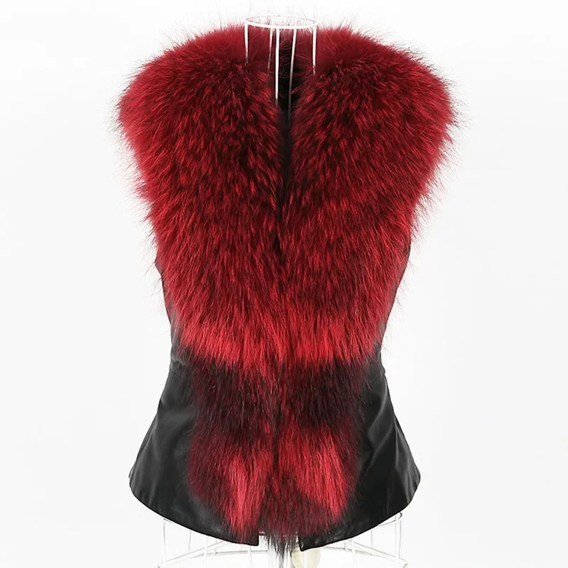 PU Leather Faux Fur Coat Casual Sleeveless Faux Fox Collar Vest Winter Coat Woman