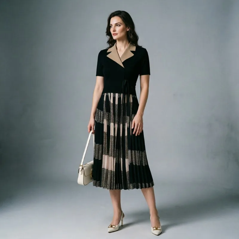 Miyake Pleated Suit Collar Color Block Plaid Dresses Plisse 2026 Summer New Waist-Tied Pleats Long Dress Tie Fold Dress