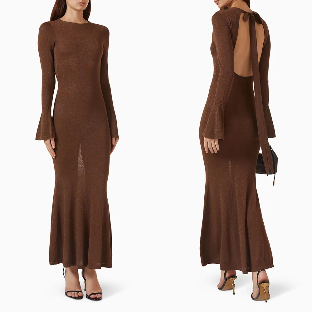 Customized Full Sleeves Ankle Length Backless Bow Brown Luxury Dress High Quality Serene Hill Boutique Store متجر Floria فساتين