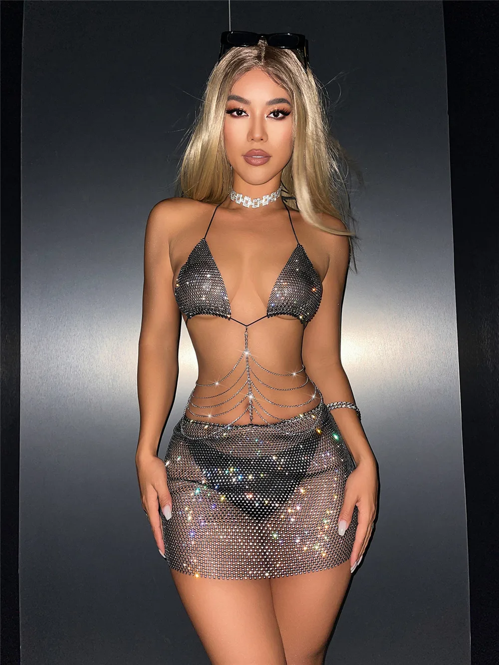Women Shiny Full Diamond Skirt Set Sexy Perspective Fishnet Metal Chain Tassel Backless Hollow Skirt Rave Festival Outfits Dress