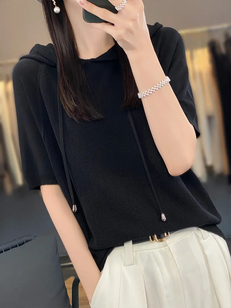 Women Tees Hooded Pullover Short Sleeved Ice Silk Top Breathability Comfort Thin Style Spring Summer Leisure Style Slimming Down