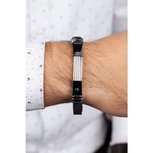 Esti̇va 316L Surgical Black Leather Bracelet