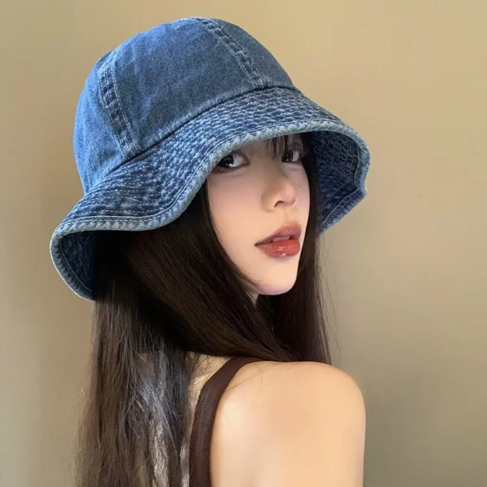 

Soft Sunshade Denim Bucket Hats Lightweight Wide-Brim Retro Fisherman Hat Cloth Visors Sun Protection Basin Cap Travel
