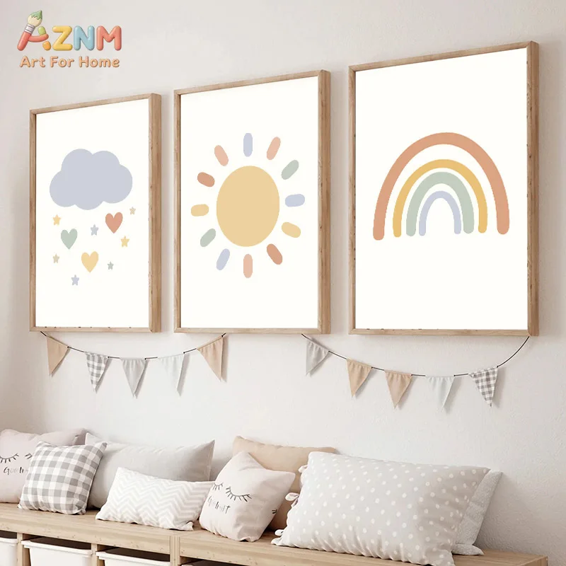 AZNM Soft Pastel Rainbow Sun Cloud Canvas Print Heart Star Minimalist Neutral Boho Kids Nursery Simple Line Wall Poster Unframed